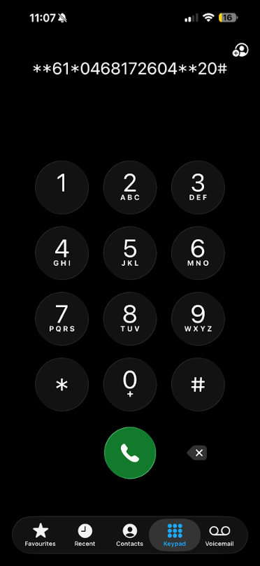 iPhone keypad showing call-forwarding dial code